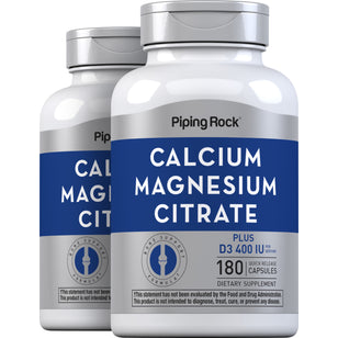 Calcium & Magnesium Citrate Plus D3 (Cal 300mg/Mag 150mg/D3 400IU) (per serving), 180 Quick Release Capsules, 2 Bottles
