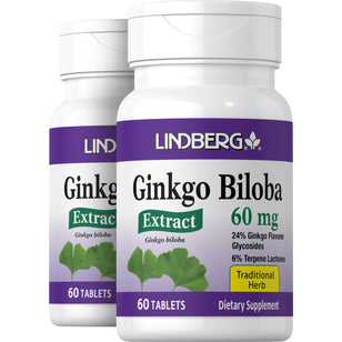 Ginkgo Biloba Standardized Extract, 60 mg, 60 Tablets, 2 Bottles