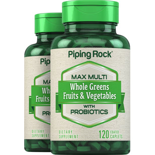 Max Multi Whole Greens/Fruits & Vegetables with Probiotics, 120 Coated Caplets, 2 Bottles