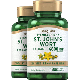 St. John's Wort 1.8% hypericin (Standardized Extract), 4800 mg (per serving), 180 Quick Release Capsules, 2 Bottles