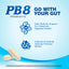 PB8 14 Billion CFU Probiotic graphic, two white capsules. 'GO WITH YOUR GUT', 'Daily Probiotic Support', '8 Probiotic Strains'.
