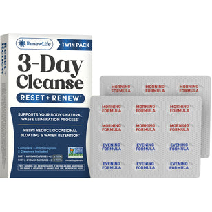 RenewLife 3-Day Cleanse Twin Pack box. Contains two 12-count blister packs with Morning Formula and Evening Formula Vegan Capsules.
