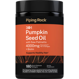 Pumpkin Seed Oil with Saw Palmetto and Biotin, 4000mg equivalent per 3 softgels, 180 quick release softgels included.