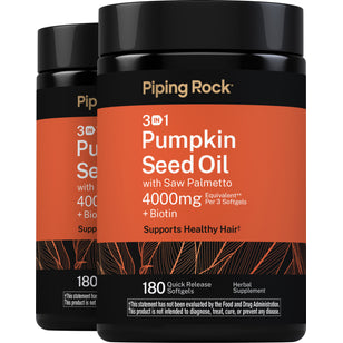 Two bottles of Pumpkin Seed Oil, Saw Palmetto & Biotin; 4000mg per 3 softgels, 180 quick release softgels each.