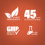Infographic highlighting finest ingredients, 45 years of manufacturing, GMP quality, and lab-tested assurance.