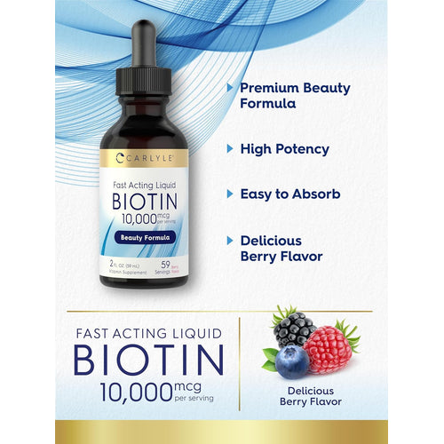 Liquid Biotin (Berry), 10000 mcg (per serving), 2 fl oz (59 mL) Dropper Bottle