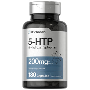 5-HTP 5-Hydroxytryptophan 200mg per serving, 180 capsules. A non-GMO and gluten-free dietary supplement.