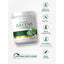 Organic Greens Powder bottle with icons indicating gluten, wheat, soy, milk, lactose free, vegan, no artificial flavors or preservatives.