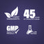 Infographic displaying finest ingredients, 45 years of manufacturing, GMP quality product, and lab-tested assurance.