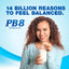 Young woman smiling while sipping a drink, featuring text '14 BILLION REASONS TO FEEL BALANCED. PB8 PROBIOTIC'.