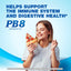 Smiling young woman holding a slice of pizza, highlighting PB8 Probiotic benefits.