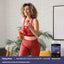 A middle-aged woman exercises with dumbbells next to a Magnesium + Calcium Powder.