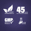 Infographic showcasing finest ingredients, 45 years of manufacturing, GMP quality, and lab-tested guarantees.