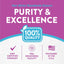Infographic showing purity, excellence, 100% quality, GMP certified company, FDA registered facility, packaged in the USA.