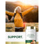 Senior woman enjoying a hike, arms outstretched, next to a Carlyle Shiitake Mushroom bottle.