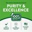 Infographic highlighting purity and excellence, 100% quality, GMP certified, FDA registered facility, packaged in the USA.