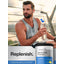 An adult man resting after a workout with a water bottle, next to a jar of Horbaach Electrolyte Powder.