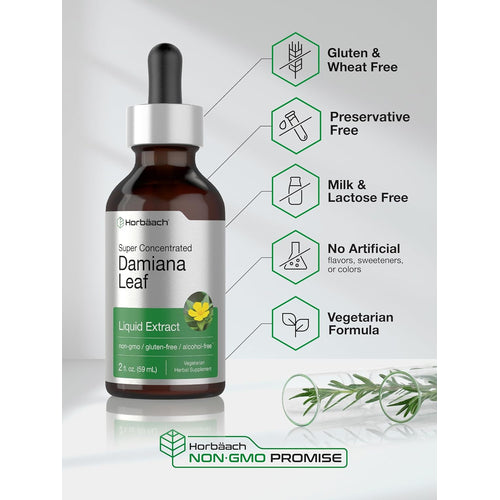 Damiana Leaf Liquid Extract Alcohol Free, 2 fl oz (59 mL) Dropper Bottle