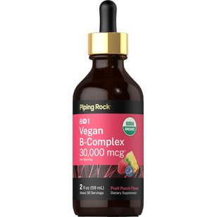 8-in-1 Vegan B-Complex Liquid, 30,000 mcg, 2 fl oz (59 mL), Fruit Punch Flavor. USDA Organic Dietary Supplement.