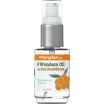 9 Wonders Oil, 1 fl. oz. (30 mL) with Sea Buckthorn in a clear pump bottle, rejuvenating face oil.