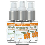 Three 9 Wonders Oil bottles with Sea Buckthorn, 1 fl.oz. (30 mL), labeled as Rejuvenating Face Oil.