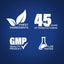 Infographic showcasing finest ingredients, 45 years of manufacturing, GMP quality product, and lab tested assurance.