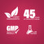 Infographic showing finest ingredients, 45 years of manufacturing, GMP quality, and lab-tested product information.