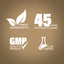 Infographic showcasing finest ingredients, 45 years of manufacturing expertise, GMP quality assurance, and lab-tested products.