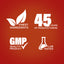 Infographic stating finest ingredients, 45 years of manufacturing, GMP quality product, and lab tested.