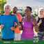 A diverse group of adults jogging outdoors with a bottle of Aronia juice.