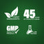 Infographic showing finest ingredients, 45 years of manufacturing, GMP quality product, lab tested for excellence.
