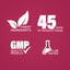 Infographic showcasing the finest ingredients, 45 years of manufacturing, GMP quality product, and lab testing assurance.