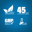 Infographic highlighting finest ingredients, 45 years of manufacturing, GMP quality, and lab-tested products.