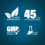 Infographic highlighting finest ingredients, 45 years of manufacturing, GMP quality, and lab tested assurance.