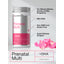 Graphic showing Horbaach Prenatal Multi +DHA, 70 quick release softgels, stating For Women Before, During, & After Pregnancy, With DHA, Non-GMO and Gluten Free, Quick Release Softgels