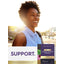 Lifestyle image of smiling adult outdoors with Carlyle Advanced Immune Support Formula package nearby and text stating SUPPORT