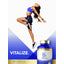 Lifestyle image of an adult jumping in athletic wear with Carlyle Vitamin B1 500MG bottle nearby and graphic stating VITALIZE