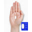 A white oval pill is shown on a hand next to a scale, measuring its length as seven-eighths of an inch.