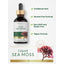 Graphic showing Carlyle Liquid Sea Moss with callouts stating Traditional Herb, Alcohol Free Formula, Non-GMO and Gluten Free, Vegan Formula, and Finest Quality 100%