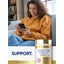 Lifestyle image of woman using a smartphone with Fisetin Complex bottle nearby and graphic stating SUPPORT.