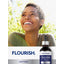 Lifestyle image of smiling woman outdoors with Opti-Folate L-Methylfolate bottle and graphic stating FLOURISH.