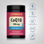 CoQ10 bottle with icons indicating Gluten & Wheat Free, Milk & Lactose Free, Preservatives Free, Non-GMO, No Artificial Flavors.