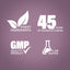Infographic showcasing finest ingredients, 45 years of manufacturing, GMP quality, and lab-tested products.
