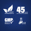 Infographic detailing finest ingredients, 45 years of manufacturing, GMP quality, and lab-tested assurance.