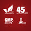 Infographic showcasing finest ingredients, 45 years of manufacturing, GMP quality product, and lab tested assurance.