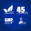 Infographic highlighting finest ingredients, 45 years of manufacturing, GMP quality, and lab-tested assurance.