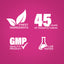 Graphic illustrating finest ingredients, 45 years of manufacturing, GMP quality, and lab testing.