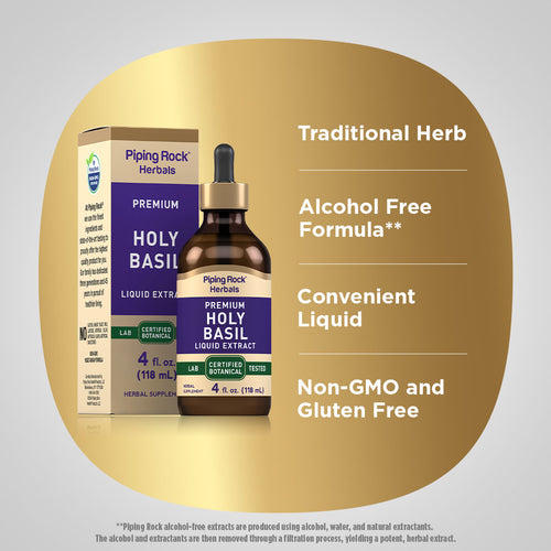 Holy Basil Tulsi Liquid Extract Alcohol Free, 4 fl oz (118 mL) Dropper Bottle