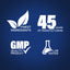 Infographic showing finest ingredients, 45 years of manufacturing, GMP quality product, and lab tested.