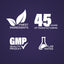 Infographic highlighting finest ingredients, 45 years of manufacturing, GMP quality product, and lab tested assurance.